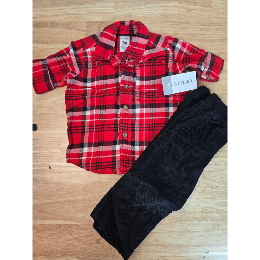 Carters Baby Boys 9M 2pc Red Plaid Flannel Shirt and Black Corduroy Pants Set